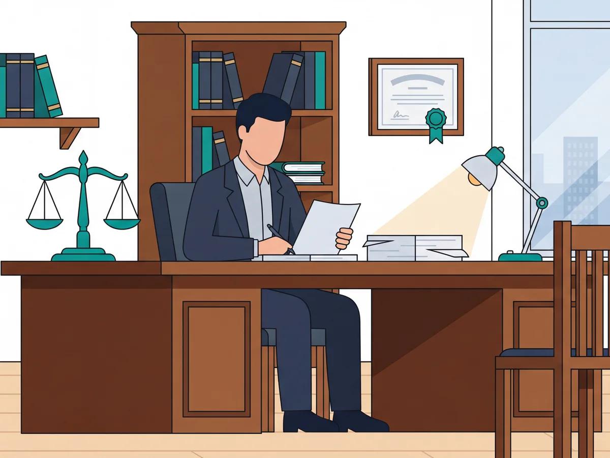 Lawyer at a desk reading a document, with a set of scales and a bookcase beside him