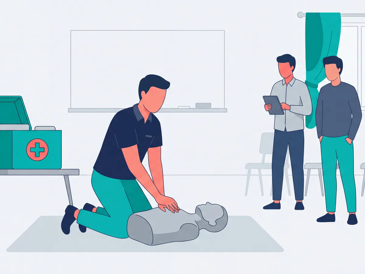 Teilnehmer übt die Herzdruckmassage an einer Reanimationspuppe, daneben ein geöffneter Erste-Hilfe-Koffer
