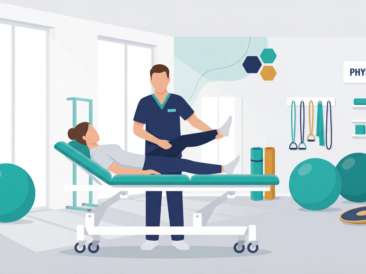 Physiotherapeutin bewegt das Bein einer liegenden Patientin auf der Behandlungsliege, dahinter Therapiegeräte