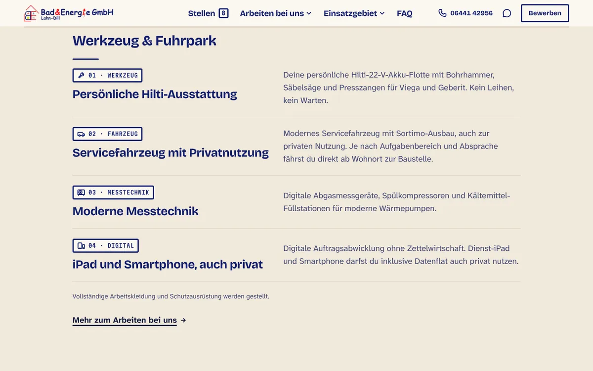 Equipment section on the Bad & Energie careers site with tools and service vehicle