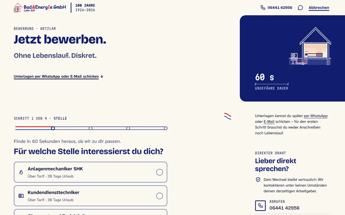 Application page of Bad & Energie, step 1 of 4 of the 60-second application
