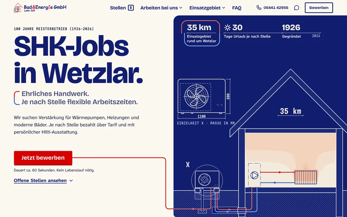 Home page of the Bad & Energie careers site headlined plumbing and heating jobs in Wetzlar, honest craft