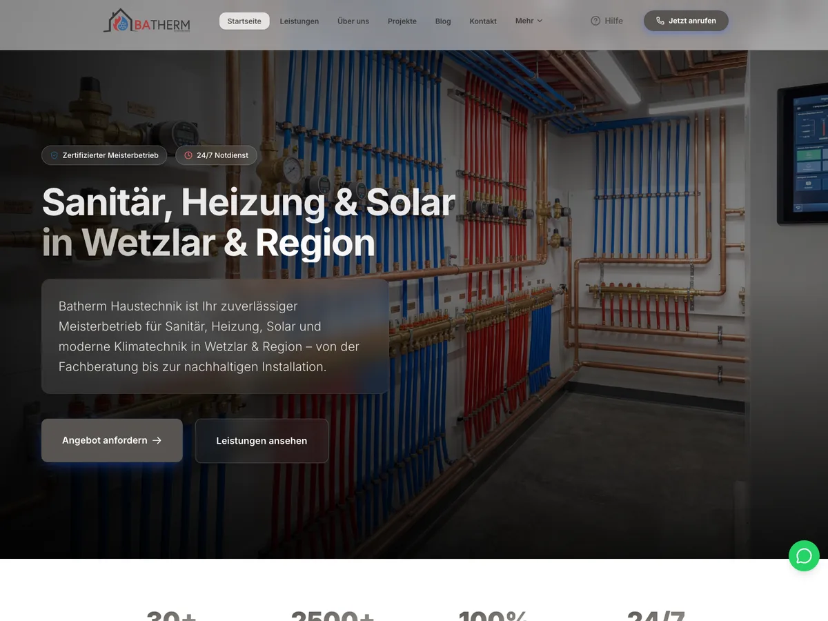 Startseite der Website von Batherm Haustechnik mit der Überschrift Sanitär, Heizung und Solar in Wetzlar und Region vor einer Heizungsverteilung