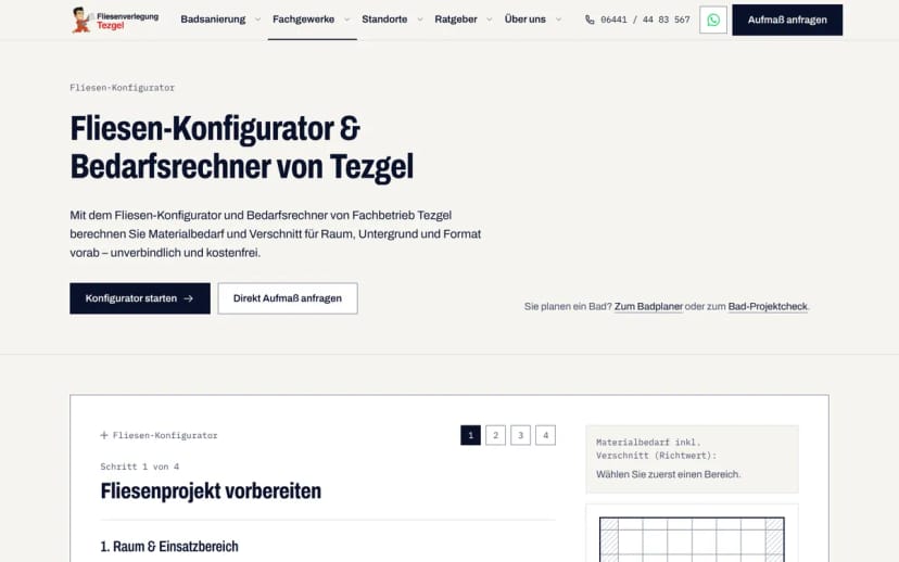 Tile configurator on the Fliesenverlegung Tezgel website, step 1 of 4, with a panel for the estimated material quantity including offcuts