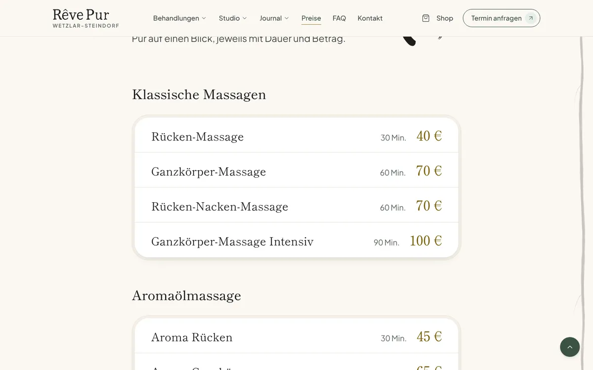 Preisliste auf revepur.de: klassische Massagen von 30 Minuten für 40 € bis 90 Minuten für 100 €, darunter der Beginn der Aromaölmassagen