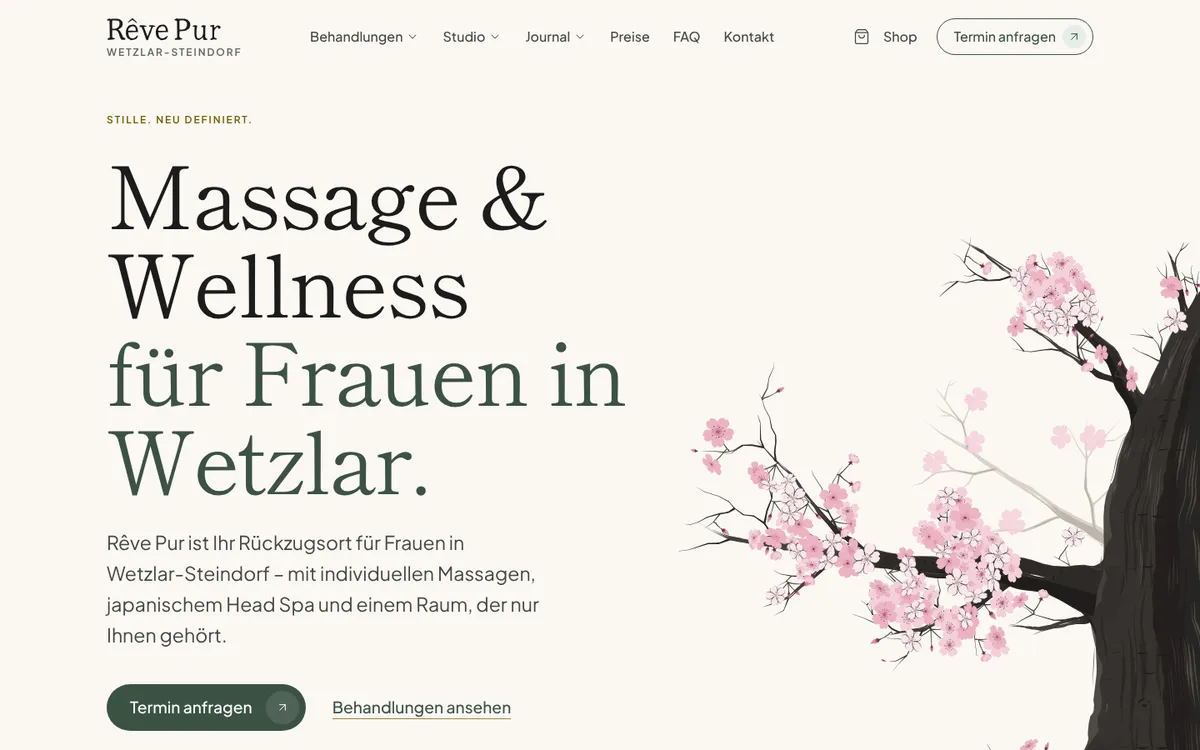 Startseite von revepur.de mit der Überschrift Massage & Wellness für Frauen in Wetzlar