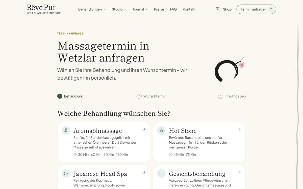 Seite Massagetermin in Wetzlar anfragen auf revepur.de, erster Schritt mit der Auswahl der Behandlung