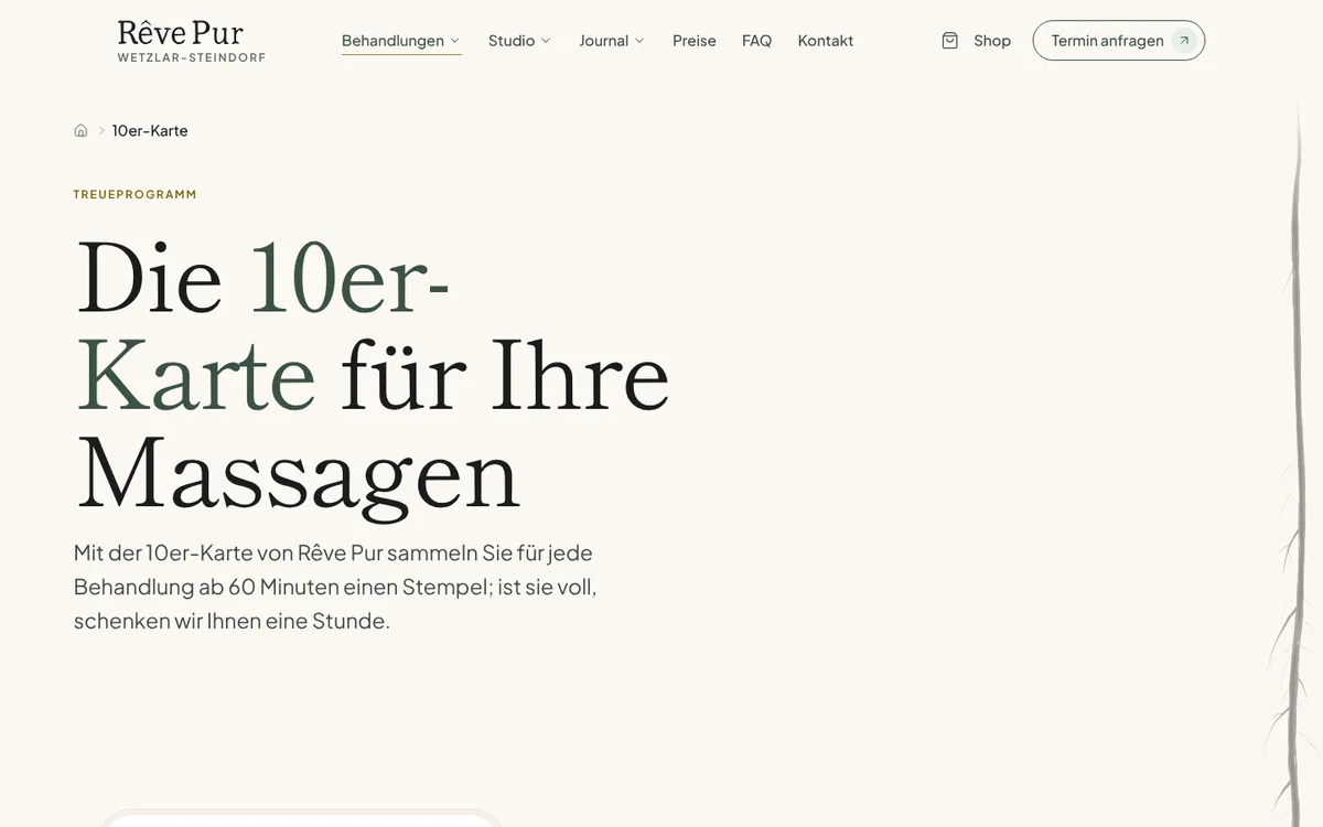 Seite Die 10er-Karte für Ihre Massagen auf revepur.de: für jede Behandlung ab 60 Minuten ein Stempel, mit voller Karte eine geschenkte Stunde