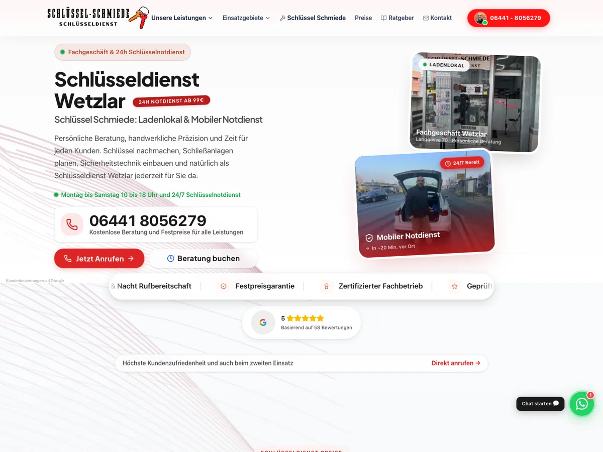 Startseite der Schlüssel Schmiede Wetzlar mit Notdienstnummer, dem Ladenlokal in der Langgasse und dem mobilen Notdienst