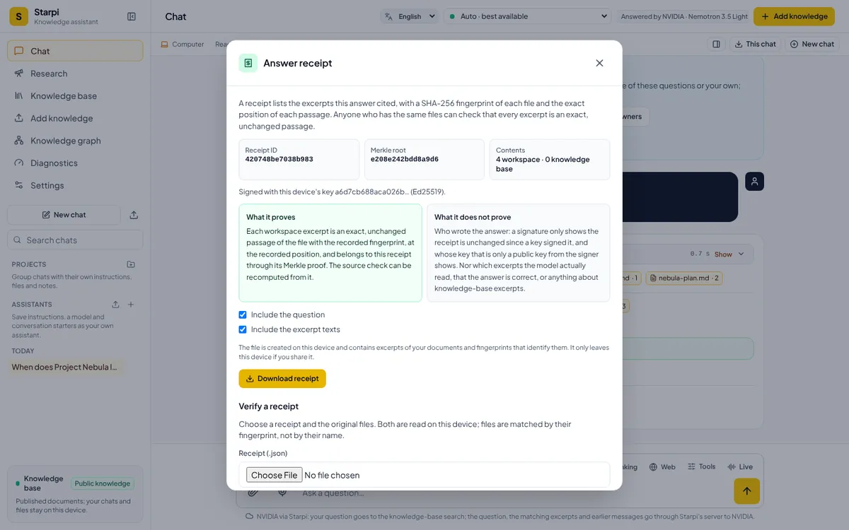 Dialog Answer receipt in Starpi mit Receipt ID, Merkle root, dem Hinweis auf die Signatur mit dem Schlüssel des Geräts (Ed25519), den Abschnitten What it proves und What it does not prove und dem Knopf Download receipt