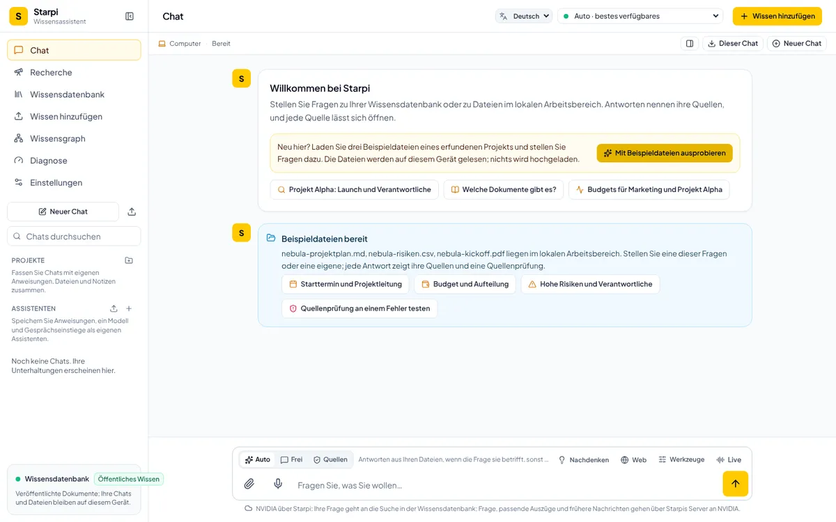 Starpi auf Deutsch: Begrüßung Willkommen bei Starpi, die Karte Beispieldateien bereit mit vier Vorschlägen und die Eingabe mit Auto, Frei und Quellen