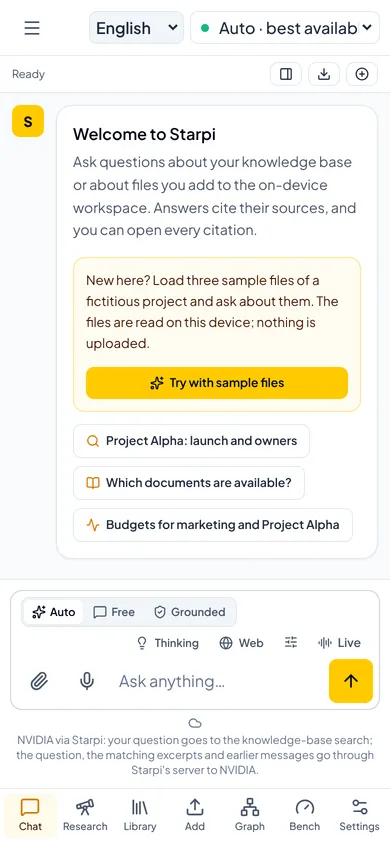 Startansicht von Starpi auf dem Smartphone mit Begrüßung, dem Knopf Try with sample files, der Eingabe und der unteren Leiste mit Chat, Research, Library, Add, Graph, Bench und Settings
