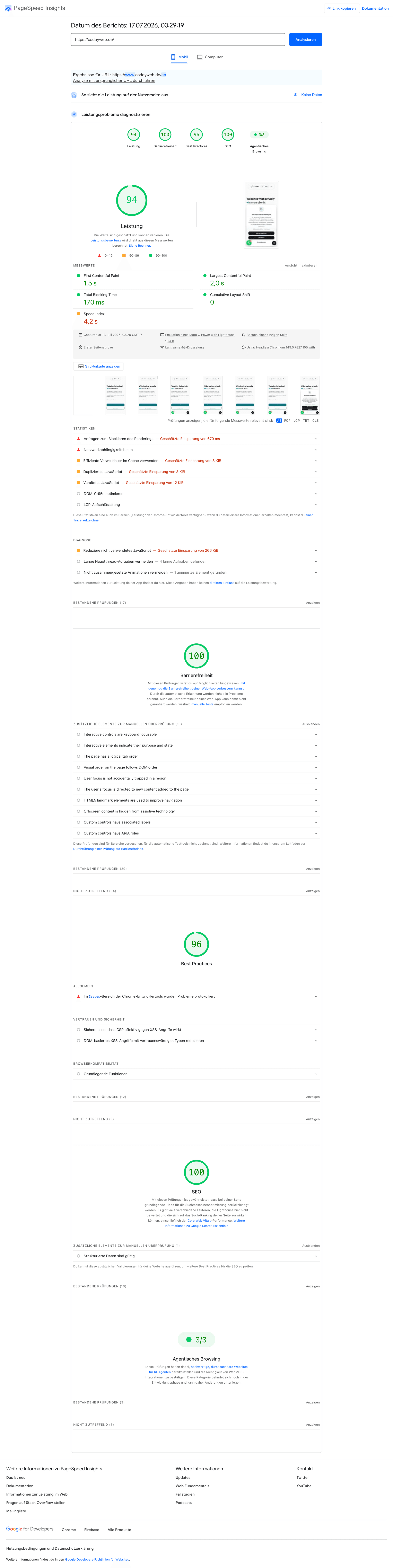 Google PageSpeed Insights: 100 von 100 Punkten für eine Coday-Website