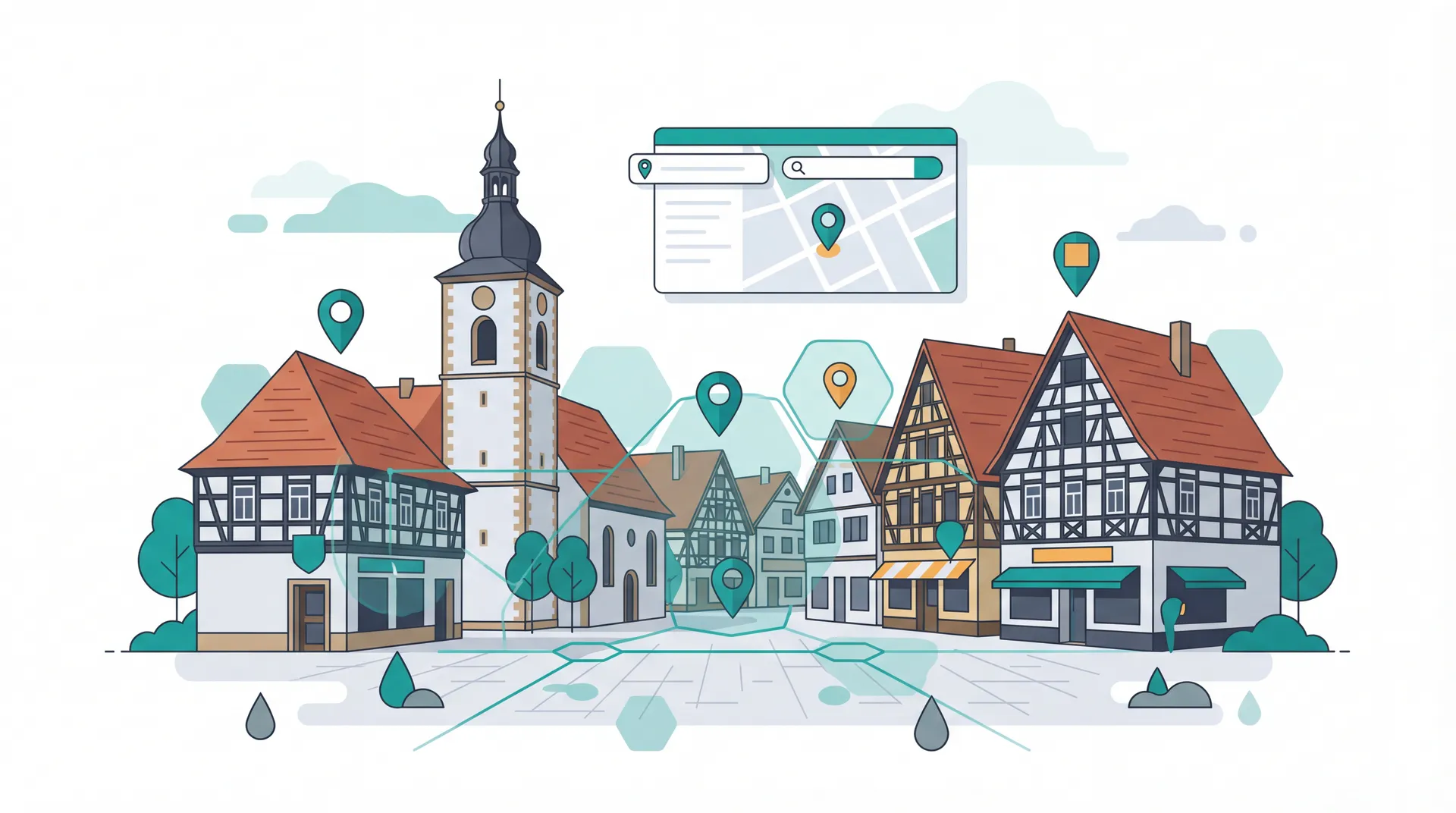 Altstadt mit lokalen Geschäften und digitalem Standort-Pin