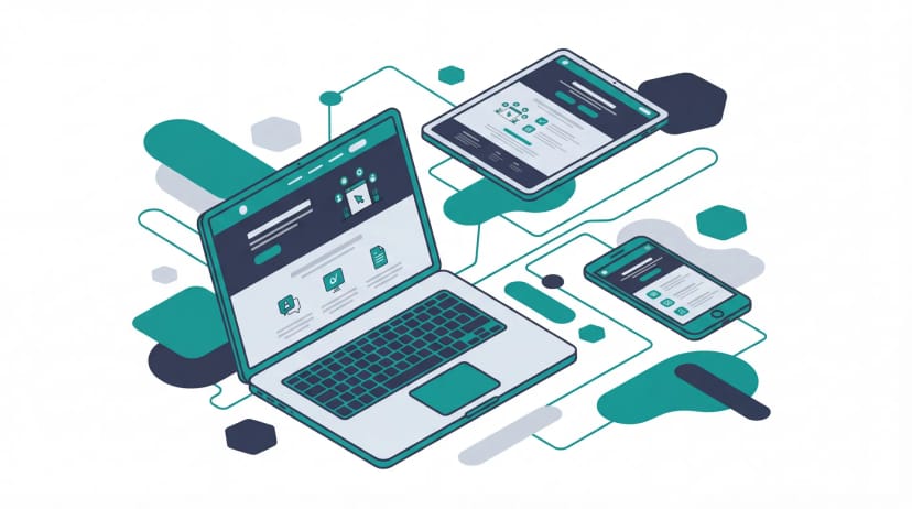 Illustration: Ein Laptop, ein Tablet und ein Smartphone zeigen jeweils eine Website und sind durch Linien miteinander verbunden