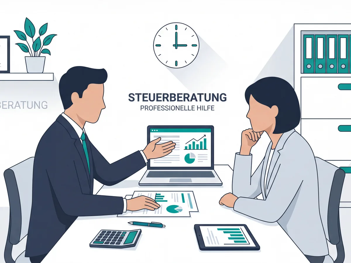 Zwei Personen besprechen am Schreibtisch eine Auswertung auf dem Laptop, daneben Taschenrechner und Unterlagen