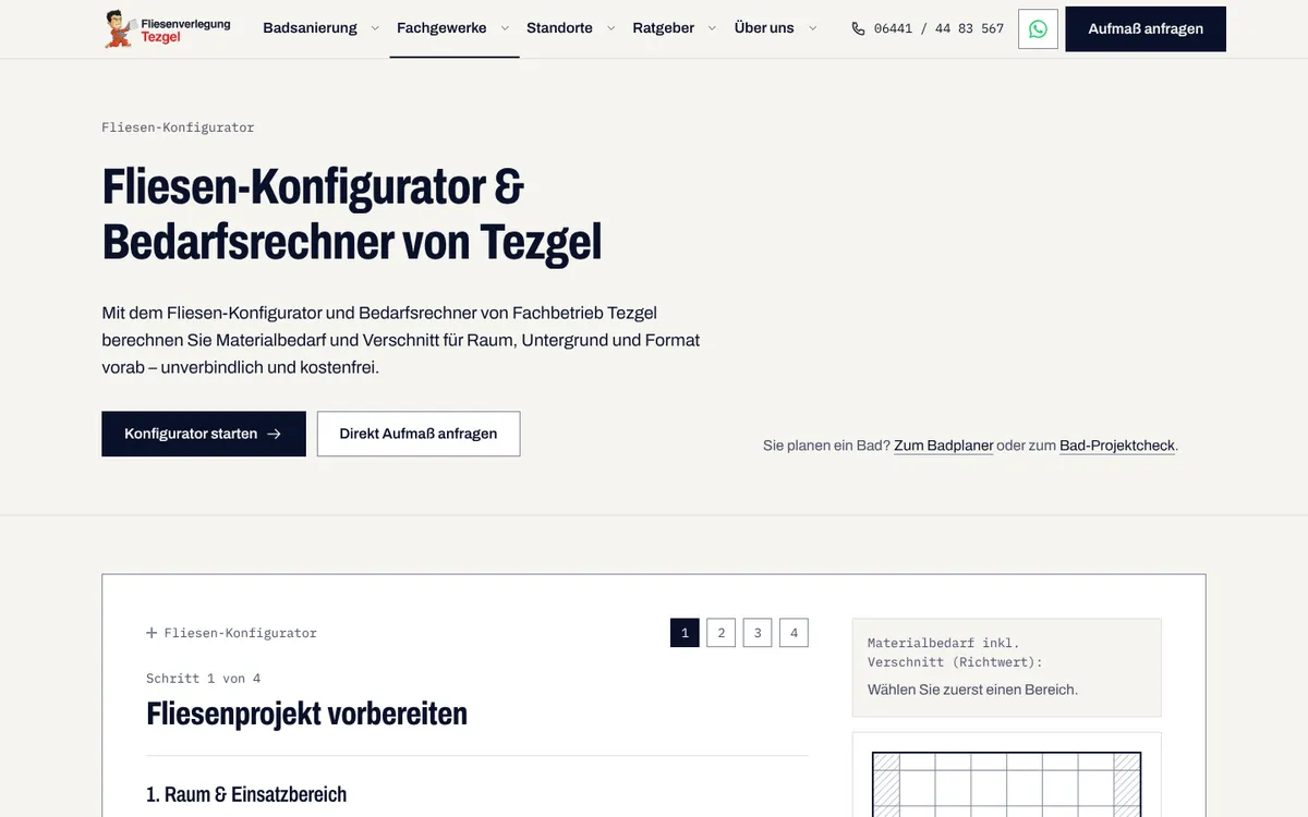 Tile configurator of tezgel.de for calculating material quantities and offcuts