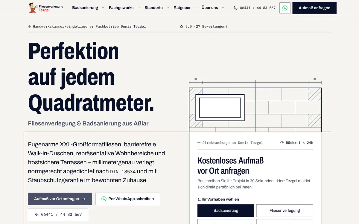 Home page of tezgel.de headlined perfection on every square metre, with the base in Aßlar and the free measurement and fixed price commitments