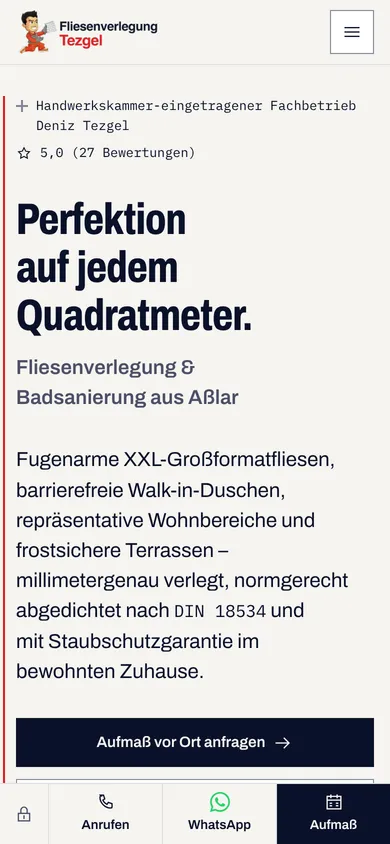 Home page of tezgel.de in the smartphone view with buttons for calling, WhatsApp and measurement