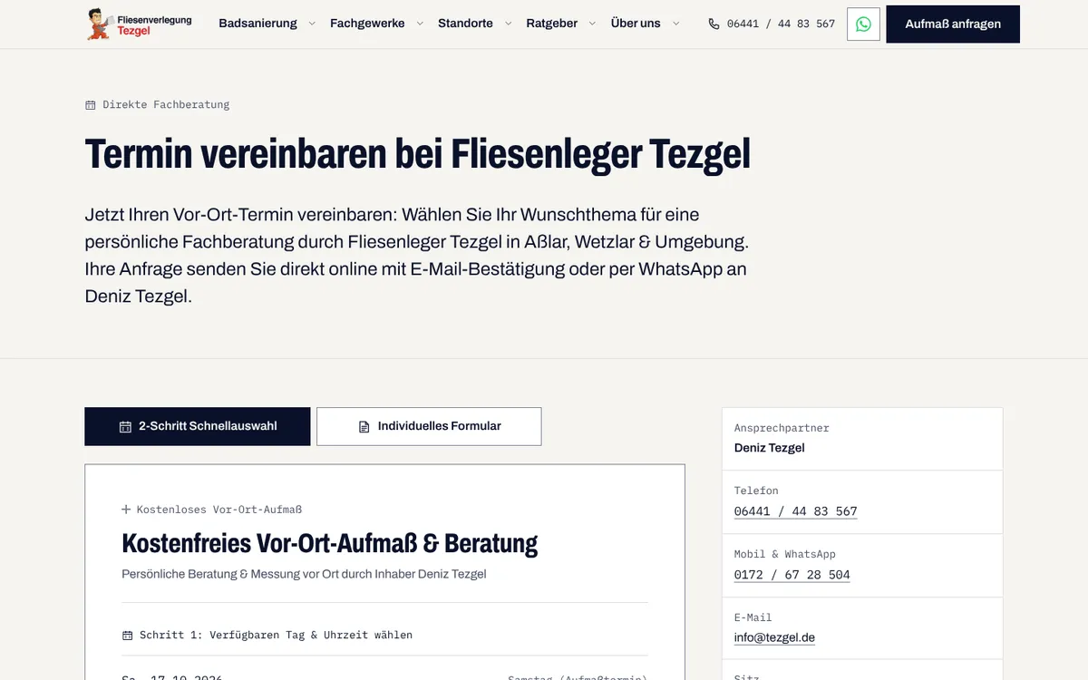 Booking page of tezgel.de for choosing a slot for the free on-site measurement