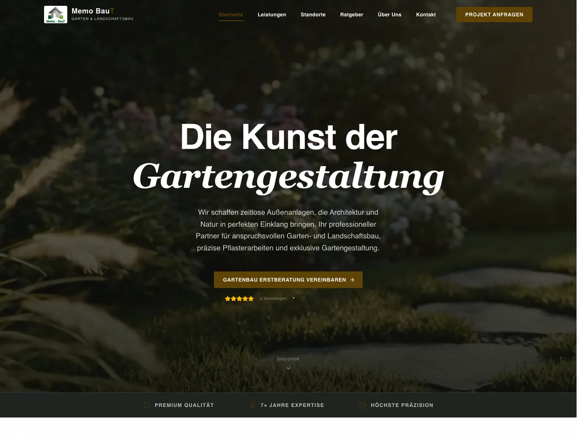 Live site memobaut.de, built by Coday in Wetzlar Home page of Memo BauT garden and landscape construction, headlined the art of garden design, over a planted garden