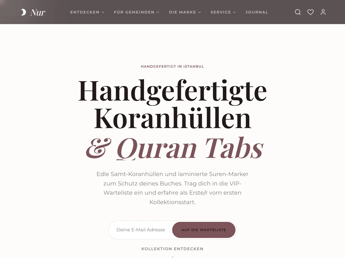 Live site ay-nur.de, built by Coday in Wetzlar Home page of the Nur brand, headlined handmade Quran covers and Quran tabs, with an email field and waiting-list button