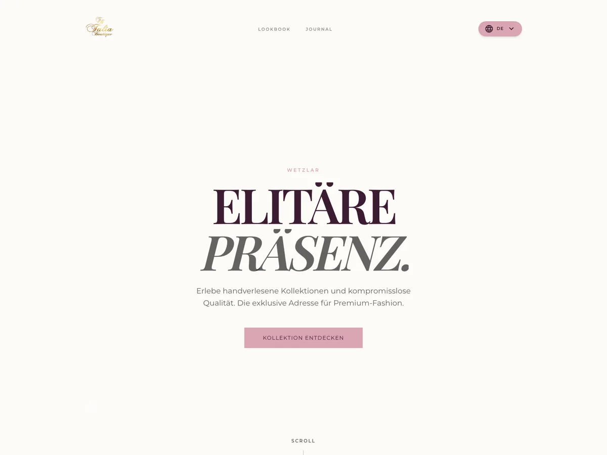 Live-Website talia-boutique.de, umgesetzt von Coday aus Wetzlar Startseite der Talia Boutique Wetzlar mit typografischer Überschrift und der Schaltfläche Kollektion entdecken
