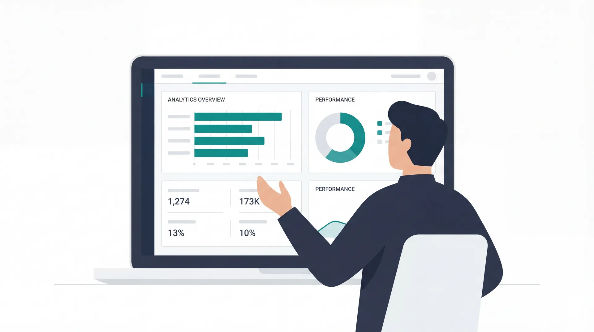 Illustration: Ein Mann zeigt auf einen Laptop mit einer Übersicht aus Balkendiagramm, Kreisdiagramm und Kennzahlen