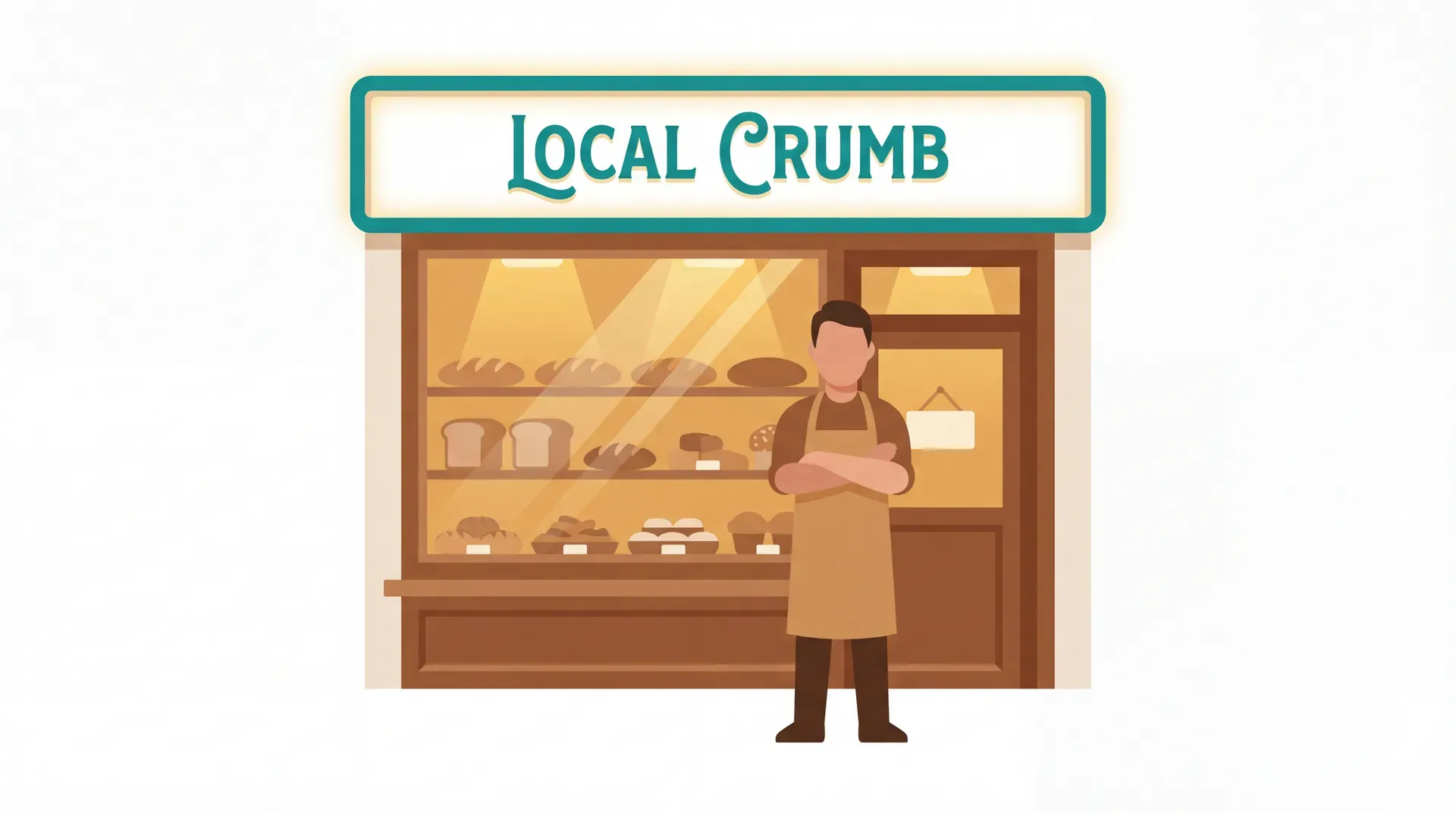 Bäcker präsentiert frische Backwaren vor dem Laden