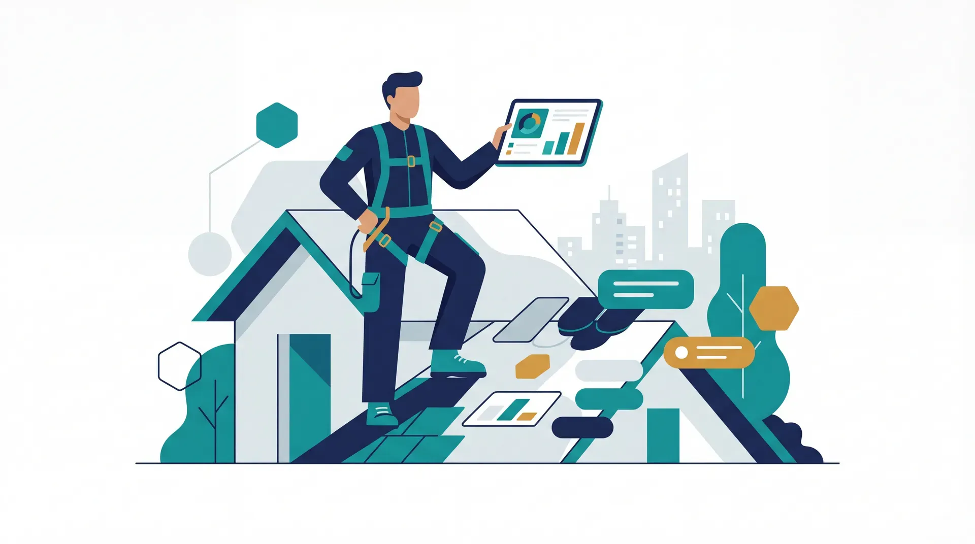 Dachdecker bei der Arbeit auf einem Hausdach mit Tablet