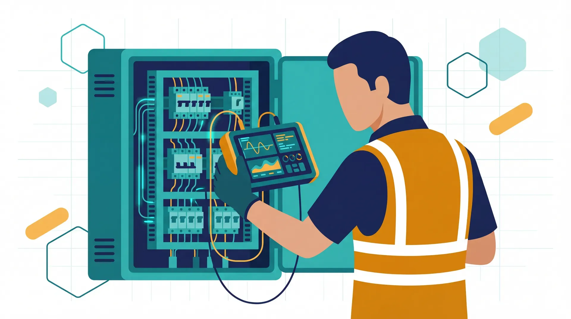 Elektriker prüft Sicherungskasten mit modernem Messgerät