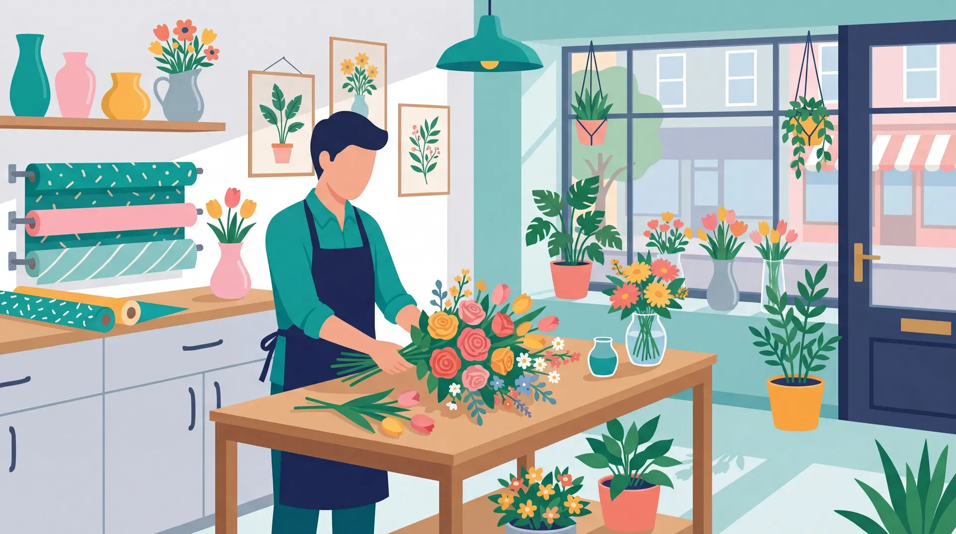 Floristin bindet einen frischen Blumenstrauß