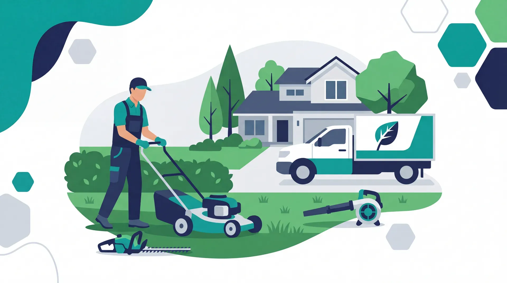 Gärtner pflegt Außenanlage eines Einfamilienhauses