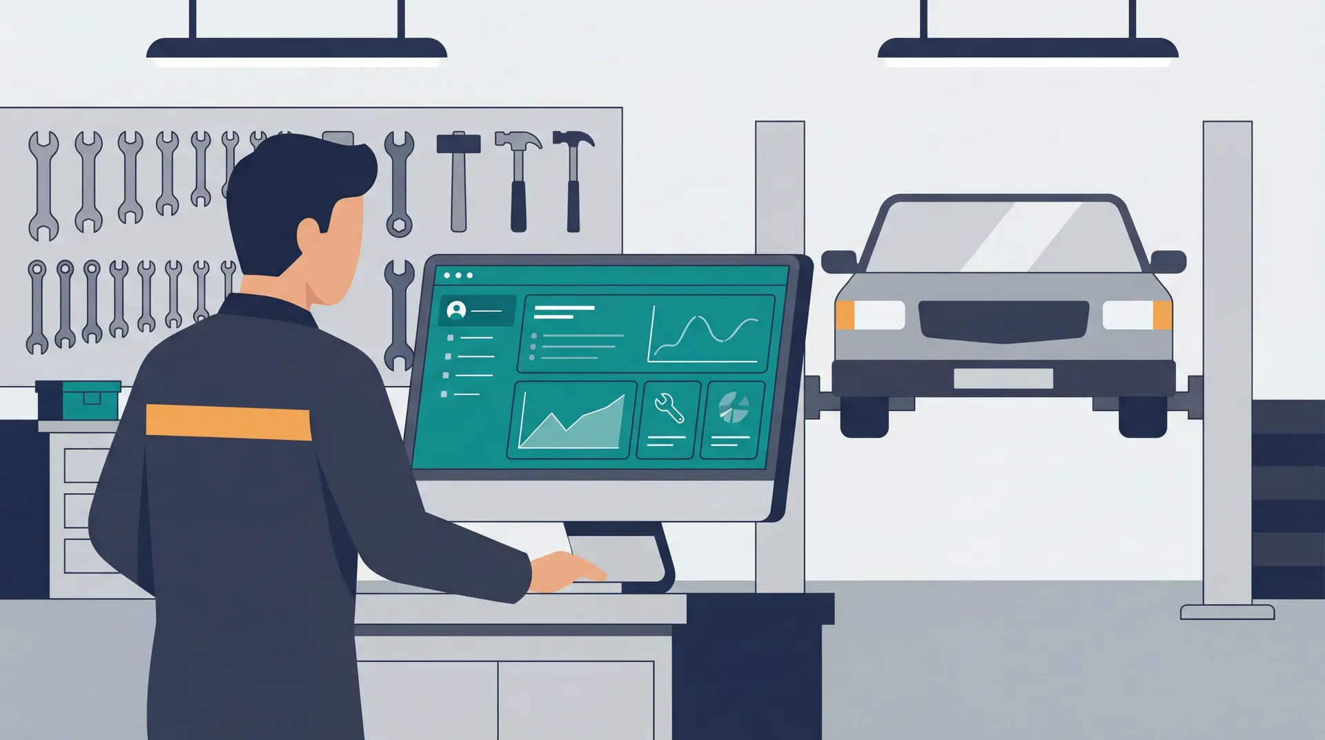 KFZ-Mechaniker in moderner Werkstatt mit Diagnose-Computer