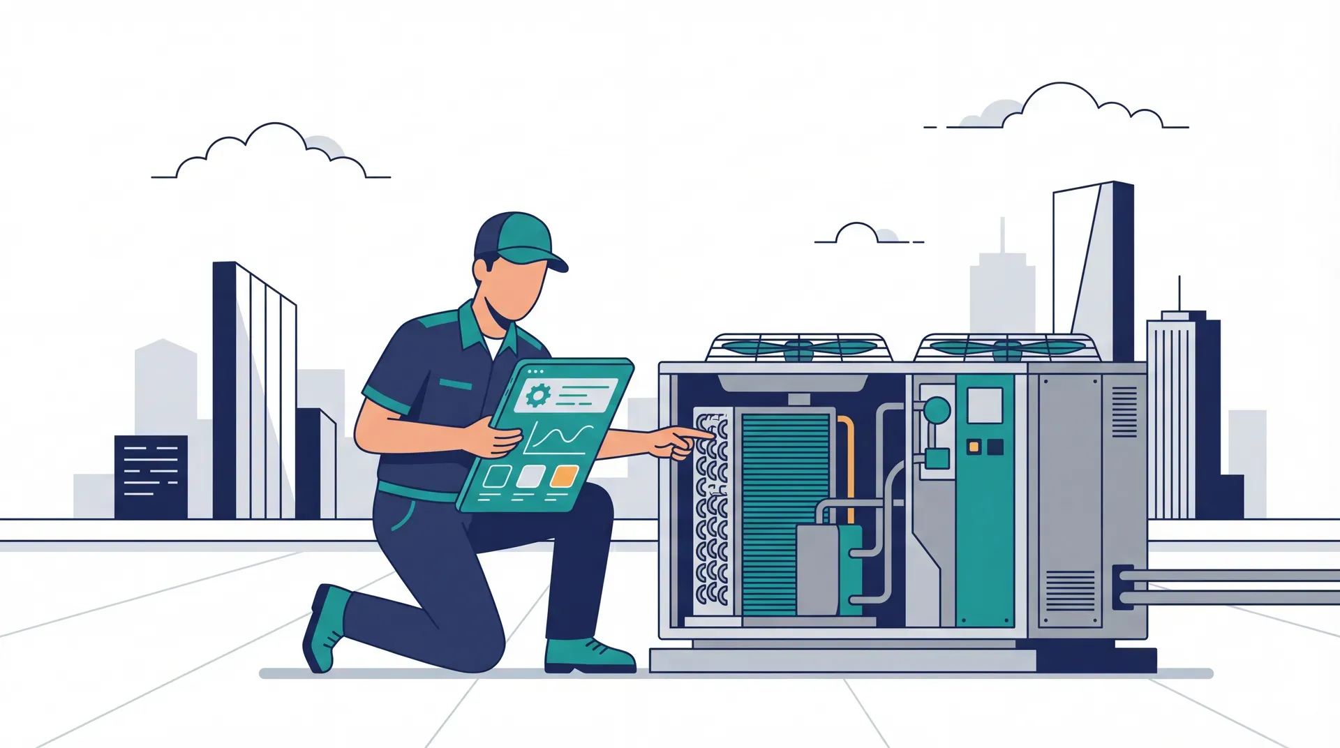 Klimatechniker wartet Klimaanlage auf dem Dach