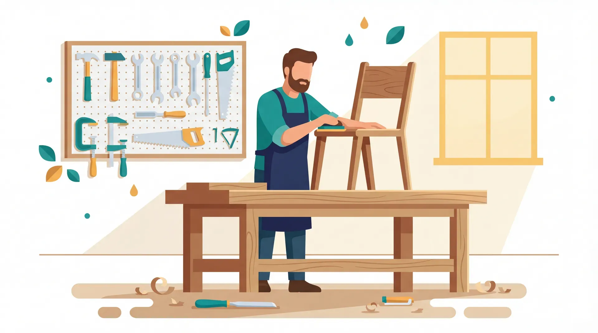 Tischler bearbeitet Holz in der Werkstatt